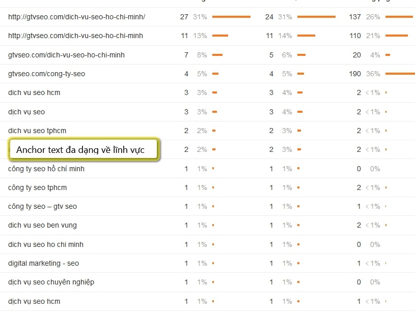 Anchor text đa dạng về lĩnh vực dịch vụ SEO.