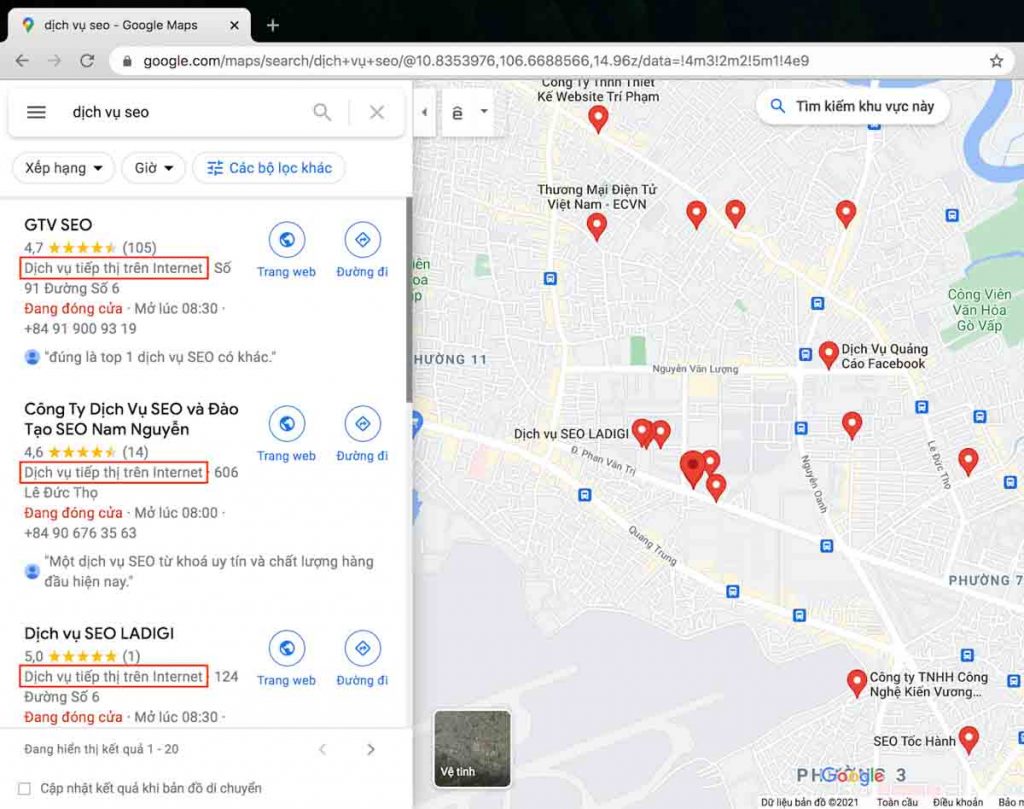 danh mục website trong seo google map