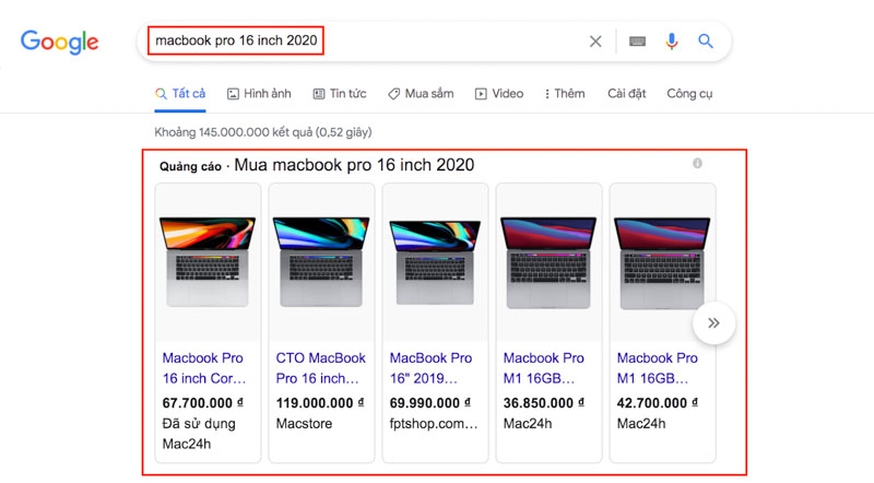 Công cụ tìm kiếm trên Internet hiển thị Shopping Result cho từ khóa “macbook pro 16 inch 2020”