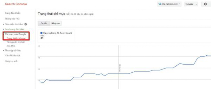 Giao diện trạng thái chỉ mục của Google Search Console