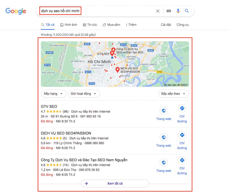 kết quả hiển thị Local Pack cho từ "dịch vụ seo hồ chí minh"