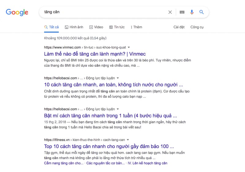 Hiển thị kết quả tìm kiếm keyword “tăng cân”