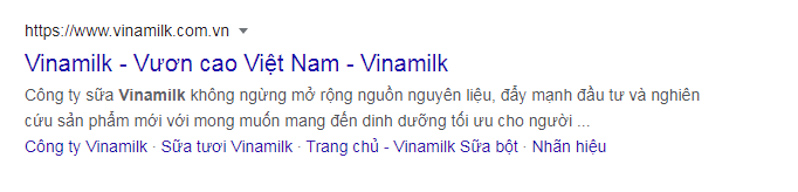 Vinamilk sử dụng Meta Description để giới thiệu đặc điểm của công ty