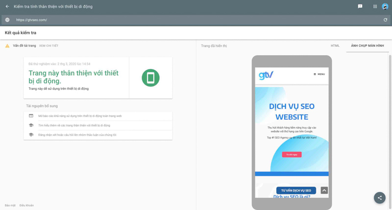 độ thân thiện của website đối với phiên bản mobile bằng mobile friendly test