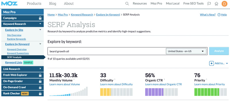 Tính năng Moz SERP Analysis