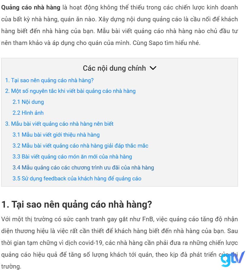 mục lục bài viết sapo web