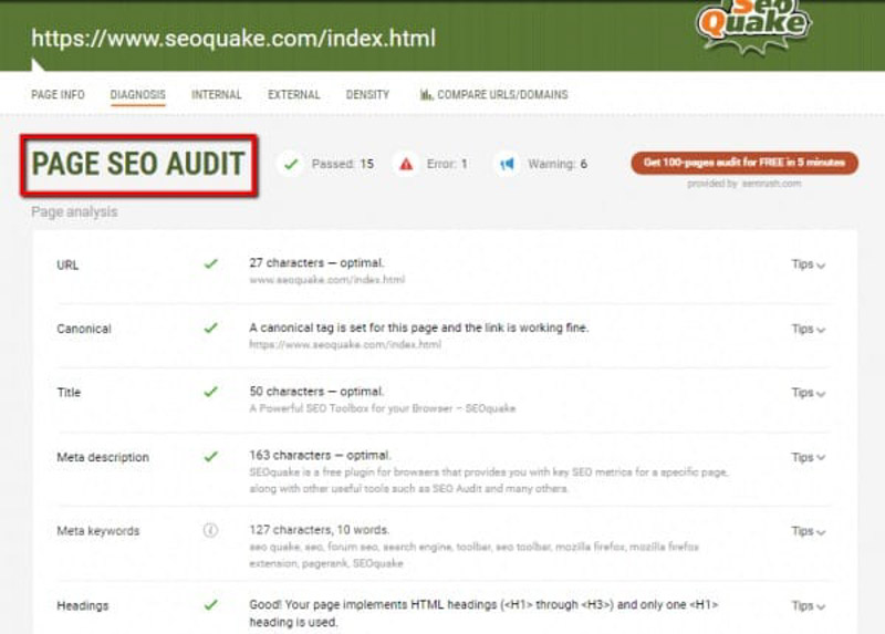 Giao diện Audit của Addon SEOquake