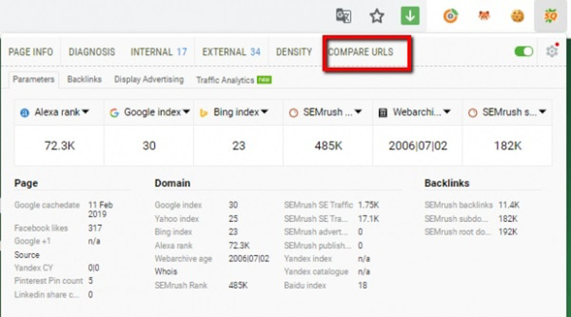 SEOquake Addon còn có thể so sánh các URL khác nhau