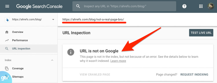 trang chưa được index, sẽ có dòng chữ "URL is not on Google"