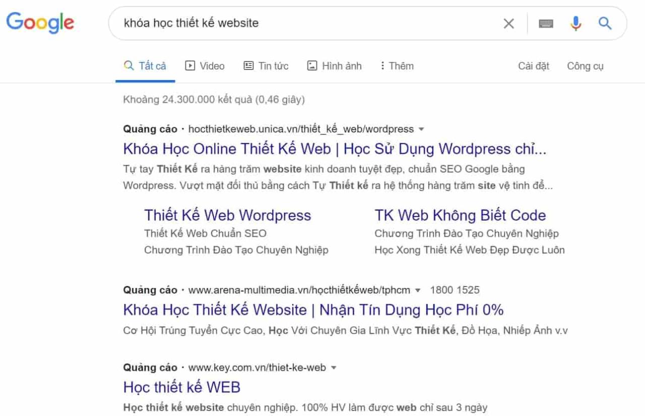 Kết quả tìm kiếm khóa học thiết kế web từ Google