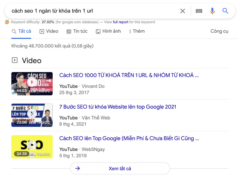 Kết quả hiển thị video SERP Features